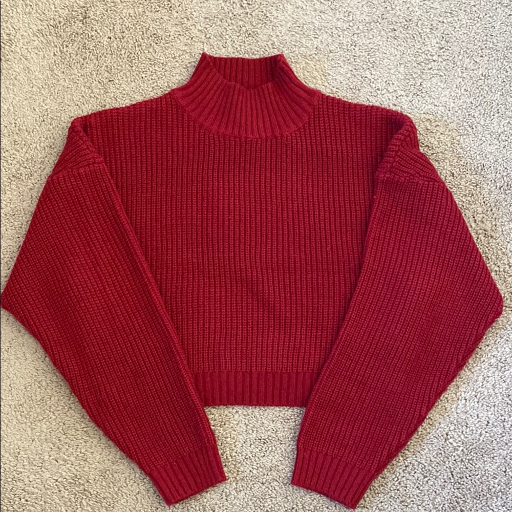 Red Ribbed Turtleneck Sweater